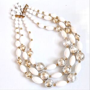 🤍 Vintage 3 Strand Brushed Silver Gold White Bead Layered Choker Necklace